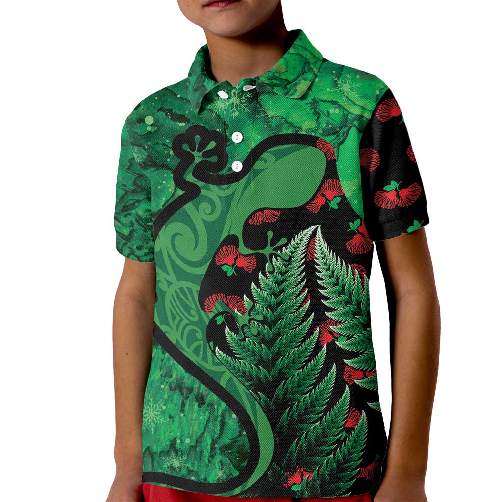 New Zealand Gecko Christmas Kid Polo Shirt Meri Kirihimete Paua Shell Mix Pohutukawa