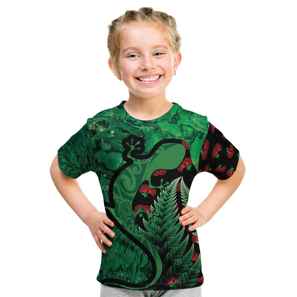 New Zealand Gecko Christmas Kid T Shirt Meri Kirihimete Paua Shell Mix Pohutukawa