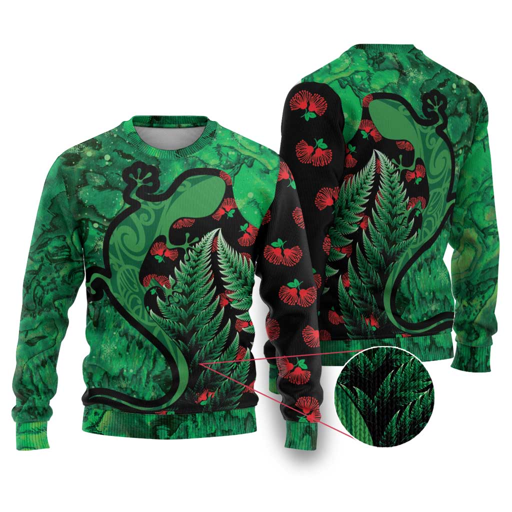 New Zealand Gecko Christmas Ugly Christmas Sweater Meri Kirihimete Paua Shell Mix Pohutukawa LT14 Green - Polynesian Pride