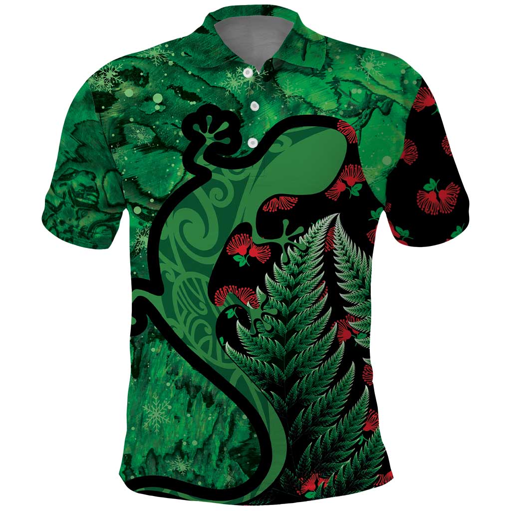 New Zealand Gecko Christmas Polo Shirt Meri Kirihimete Paua Shell Mix Pohutukawa LT14 Green - Polynesian Pride