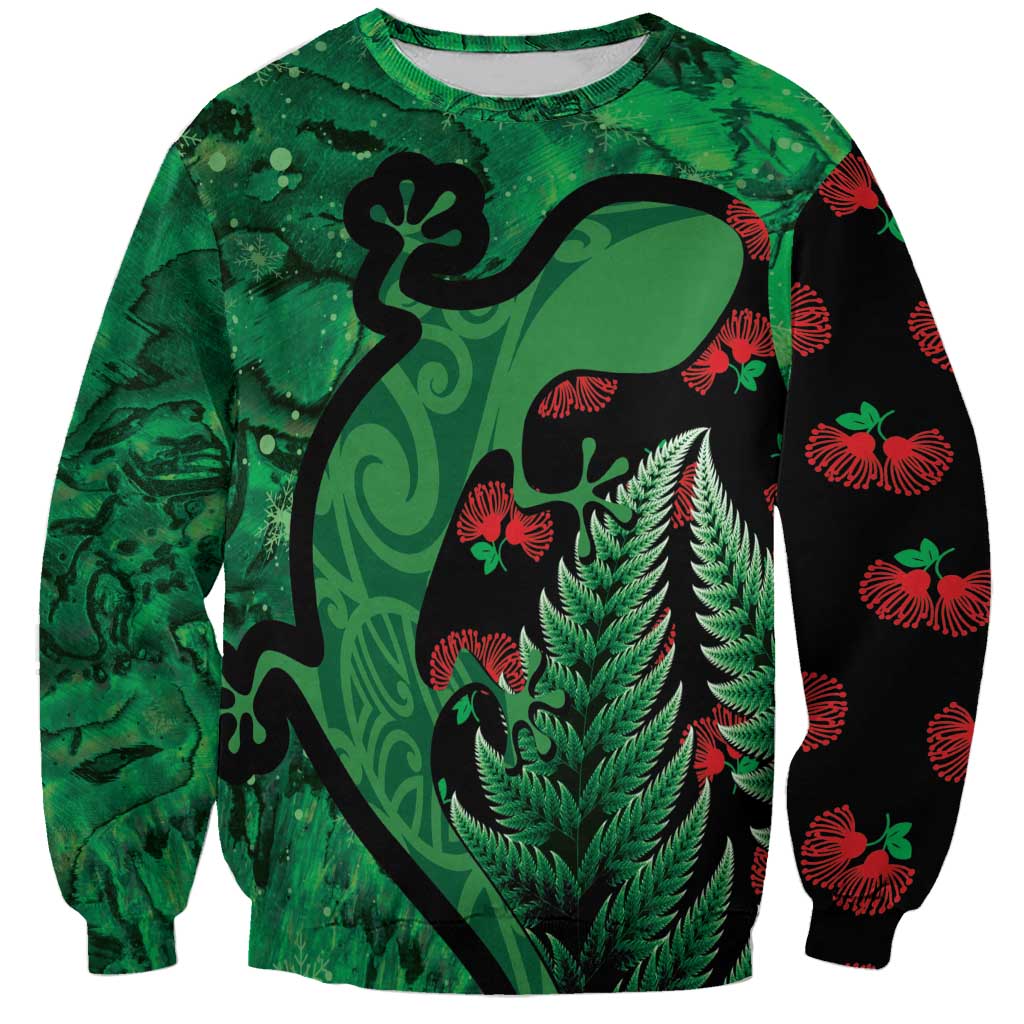 New Zealand Gecko Christmas Sweatshirt Meri Kirihimete Paua Shell Mix Pohutukawa LT14 Unisex Green - Polynesian Pride