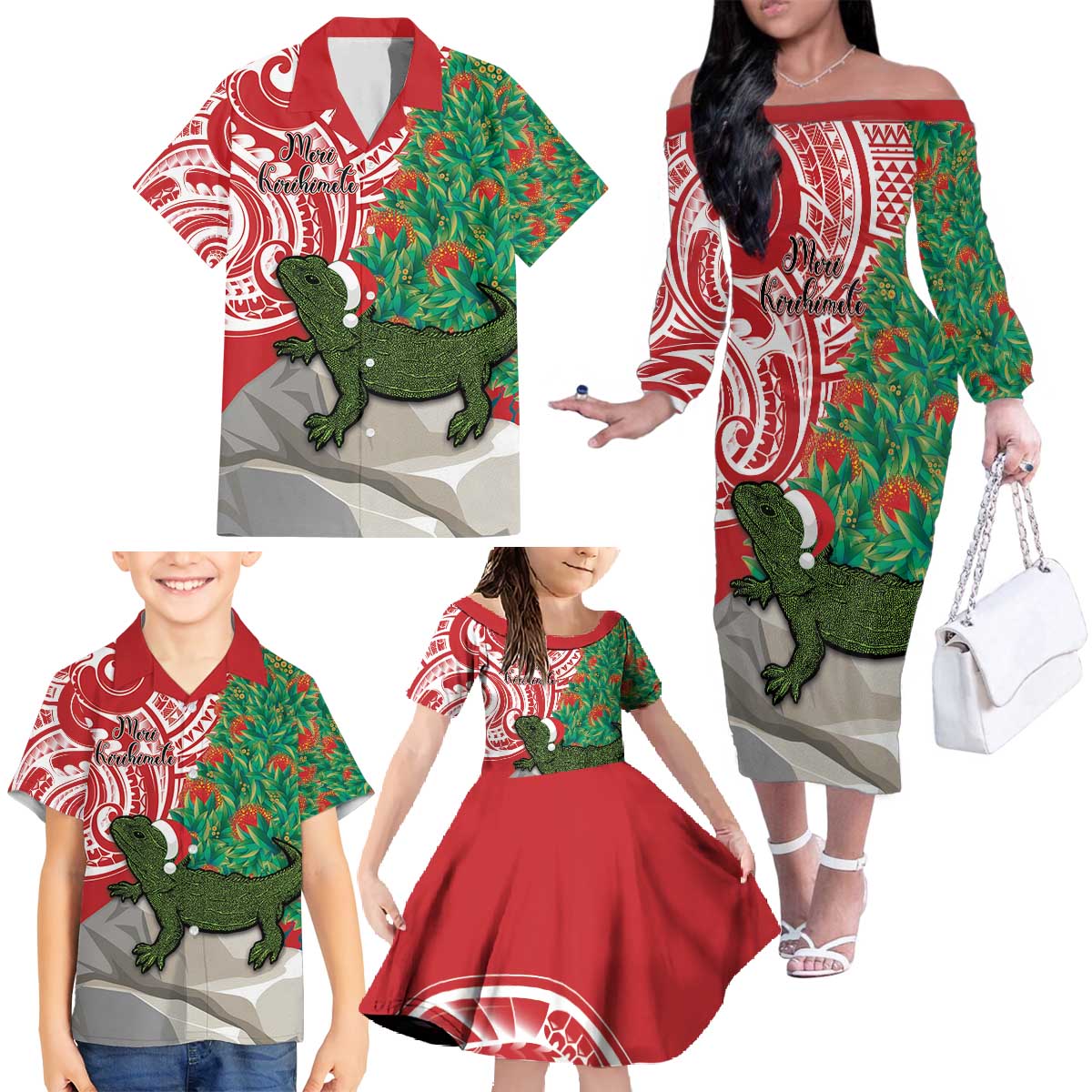 Personalised New Zealand Tuatara Christmas Family Matching Off The Shoulder Long Sleeve Dress and Hawaiian Shirt Meri Kirihimete Aotearoa Maori Mix Pohutukawa