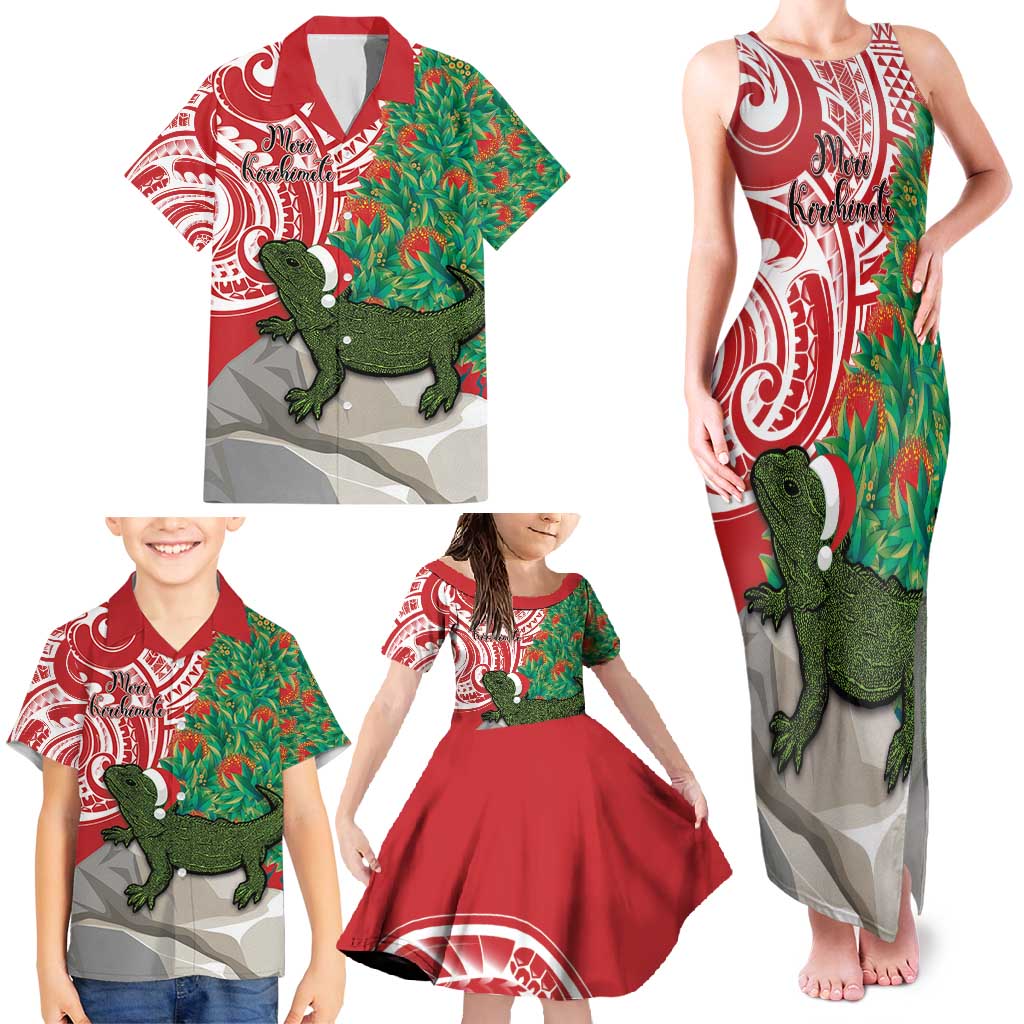 Personalised New Zealand Tuatara Christmas Family Matching Tank Maxi Dress and Hawaiian Shirt Meri Kirihimete Aotearoa Maori Mix Pohutukawa