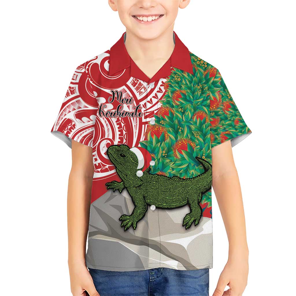 Personalised New Zealand Tuatara Christmas Kid Hawaiian Shirt Meri Kirihimete Aotearoa Maori Mix Pohutukawa