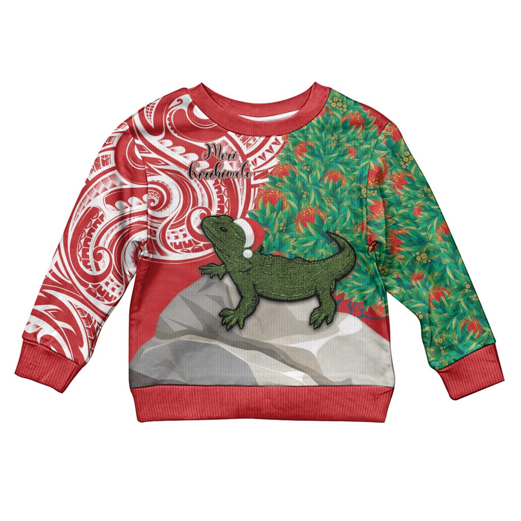 Personalised New Zealand Tuatara Christmas Kid Ugly Christmas Sweater Meri Kirihimete Aotearoa Maori Mix Pohutukawa LT14 Kid Red - Polynesian Pride