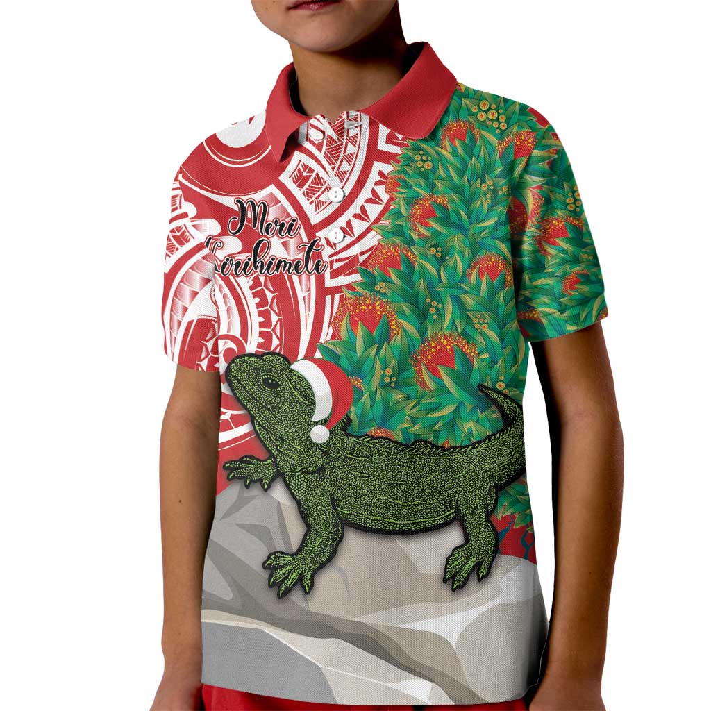 Personalised New Zealand Tuatara Christmas Kid Polo Shirt Meri Kirihimete Aotearoa Maori Mix Pohutukawa