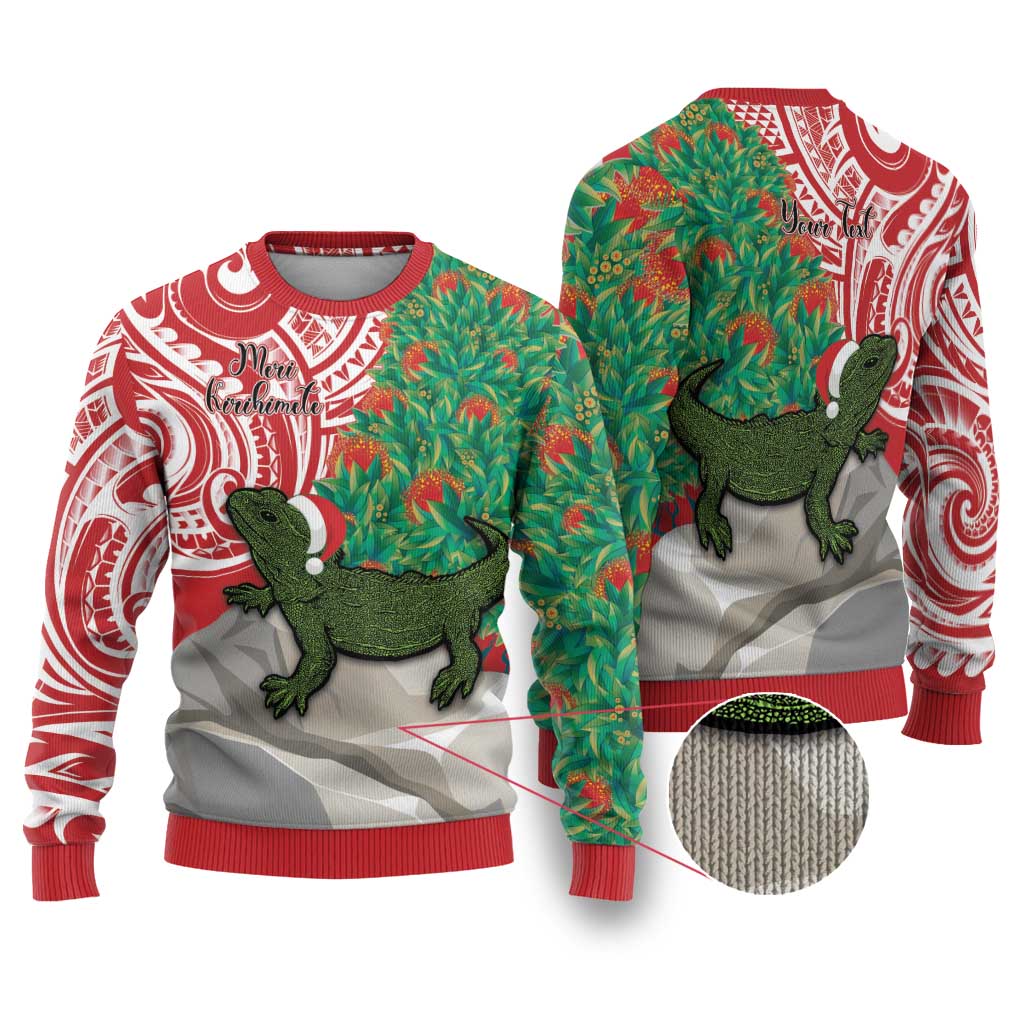 Personalised New Zealand Tuatara Christmas Ugly Christmas Sweater Meri Kirihimete Aotearoa Maori Mix Pohutukawa LT14 Red - Polynesian Pride
