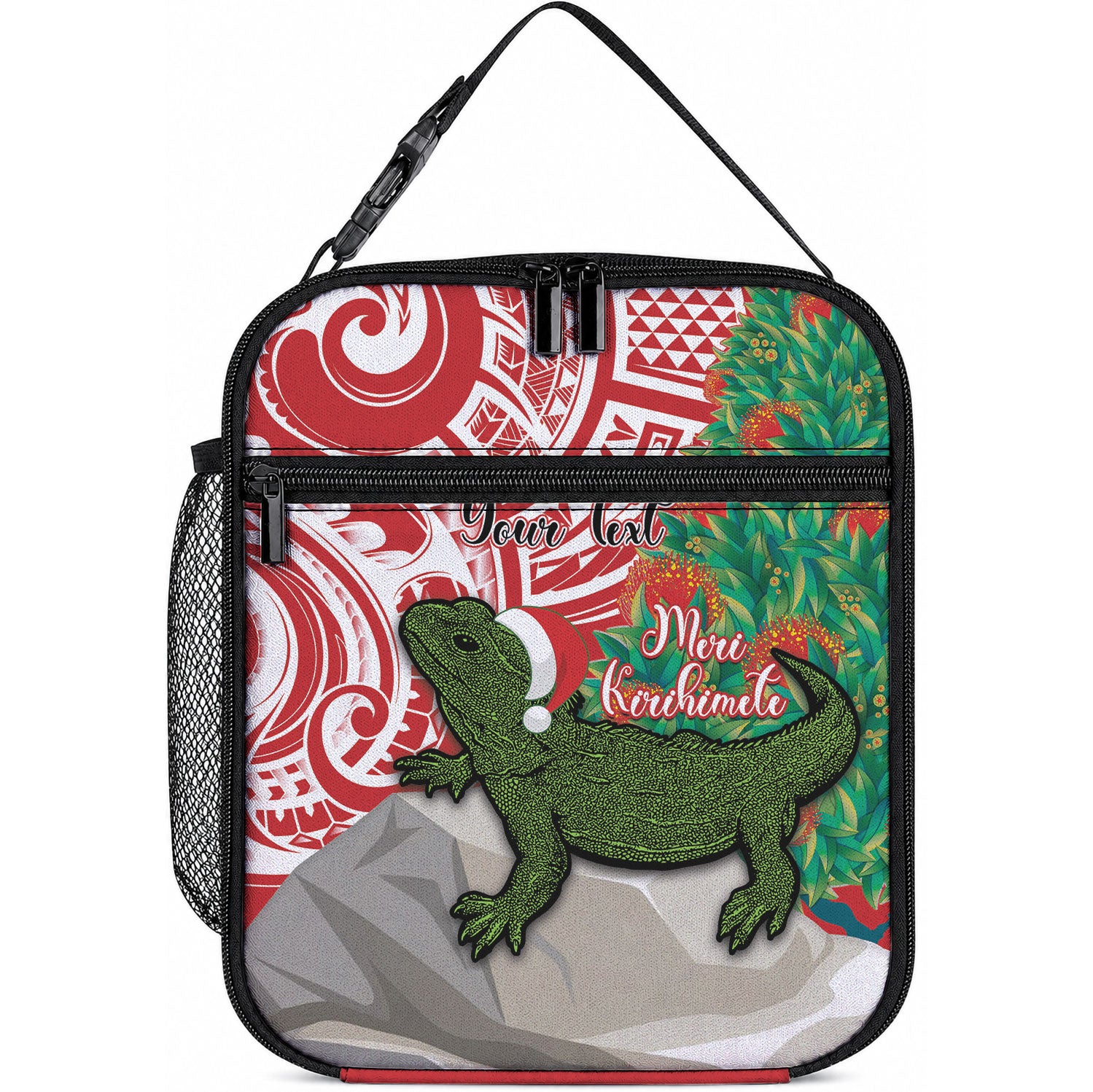 Personalised New Zealand Tuatara Christmas Lunch Bag Meri Kirihimete Aotearoa Maori Mix Pohutukawa LT14 10.2 × 8.3 × 4.3 inch Red - Polynesian Pride