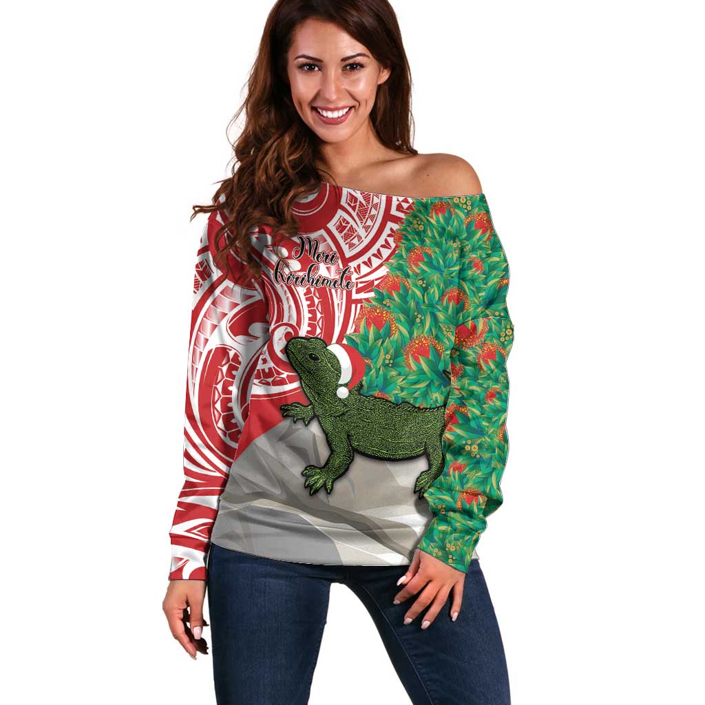 Personalised New Zealand Tuatara Christmas Off Shoulder Sweater Meri Kirihimete Aotearoa Maori Mix Pohutukawa LT14 Women Red - Polynesian Pride
