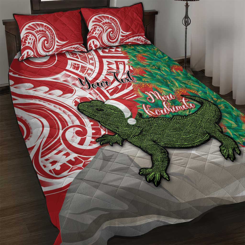 Personalised New Zealand Tuatara Christmas Quilt Bed Set Meri Kirihimete Aotearoa Maori Mix Pohutukawa