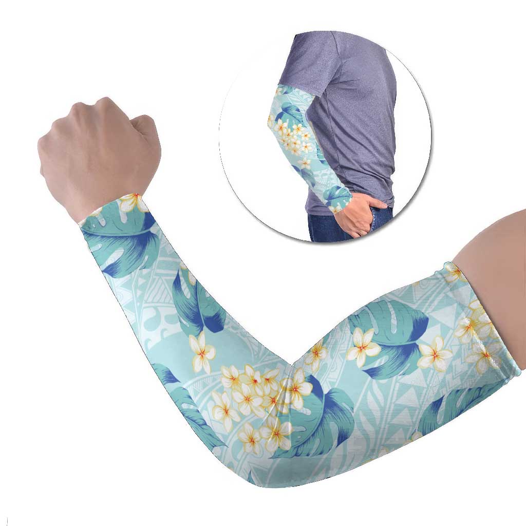 Pastel Cyan Tropical Hawaii Arm Sleeves Seamless Monstera Plumeria Hawaiian Pattern LT14 Set of 2 Pastel Cyan - Polynesian Pride