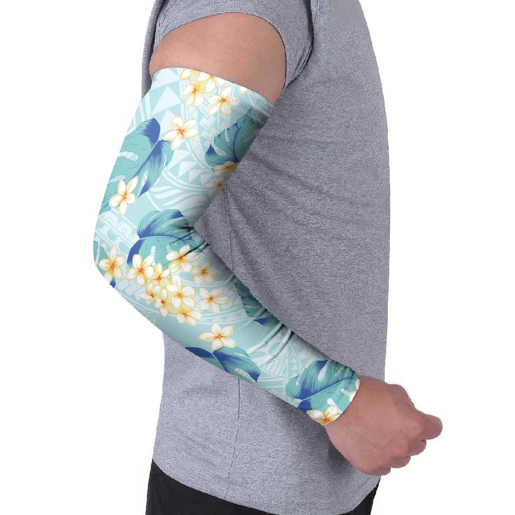 Pastel Cyan Tropical Hawaii Arm Sleeves Seamless Monstera Plumeria Hawaiian Pattern LT14 - Polynesian Pride