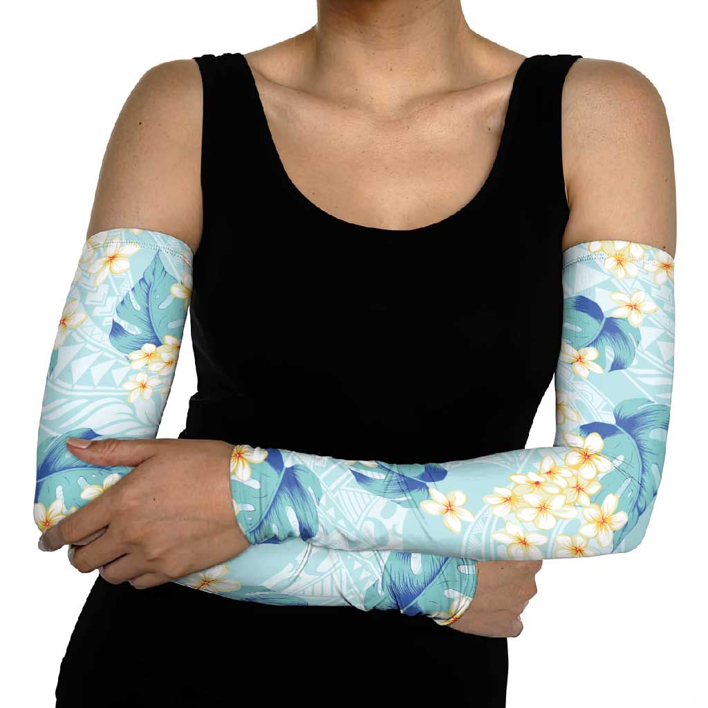 Pastel Cyan Tropical Hawaii Arm Sleeves Seamless Monstera Plumeria Hawaiian Pattern LT14 - Polynesian Pride