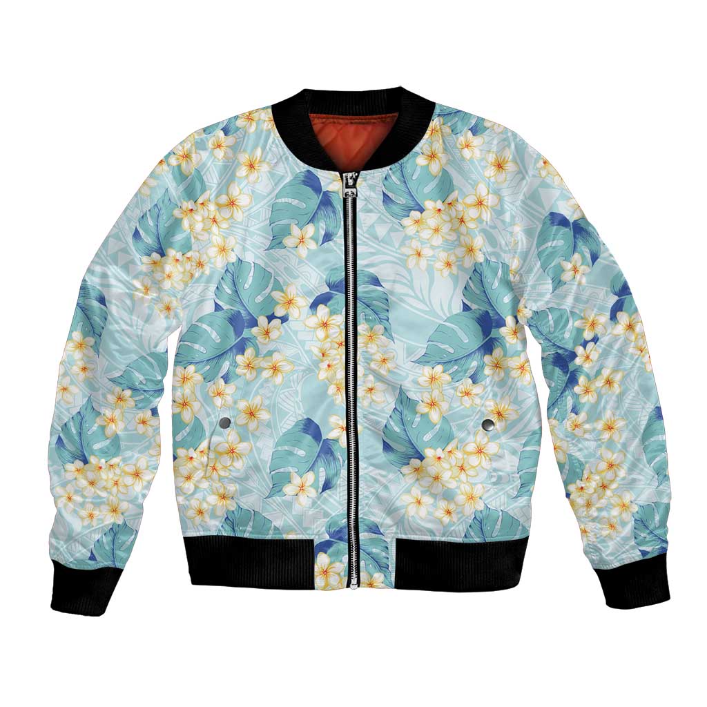 Pastel Cyan Tropical Hawaii Bomber Jacket Seamless Monstera Plumeria Hawaiian Pattern LT14 Unisex Pastel Cyan - Polynesian Pride