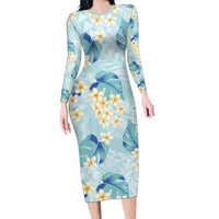 Pastel Cyan Tropical Hawaii Long Sleeve Bodycon Dress Seamless Monstera Plumeria Hawaiian Pattern LT14 Long Dress Pastel Cyan - Polynesian Pride