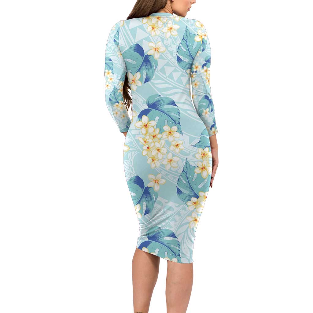 Pastel Cyan Tropical Hawaii Long Sleeve Bodycon Dress Seamless Monstera Plumeria Hawaiian Pattern LT14 - Polynesian Pride