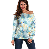 Pastel Cyan Tropical Hawaii Off Shoulder Sweater Seamless Monstera Plumeria Hawaiian Pattern LT14 Women Pastel Cyan - Polynesian Pride