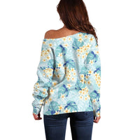 Pastel Cyan Tropical Hawaii Off Shoulder Sweater Seamless Monstera Plumeria Hawaiian Pattern LT14 - Polynesian Pride