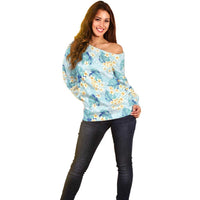 Pastel Cyan Tropical Hawaii Off Shoulder Sweater Seamless Monstera Plumeria Hawaiian Pattern LT14 - Polynesian Pride