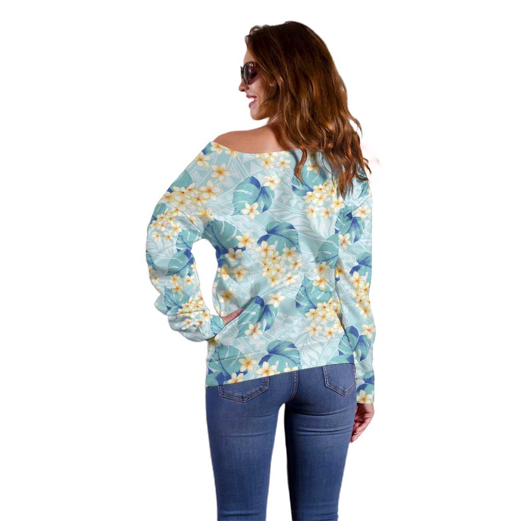 Pastel Cyan Tropical Hawaii Off Shoulder Sweater Seamless Monstera Plumeria Hawaiian Pattern LT14 - Polynesian Pride