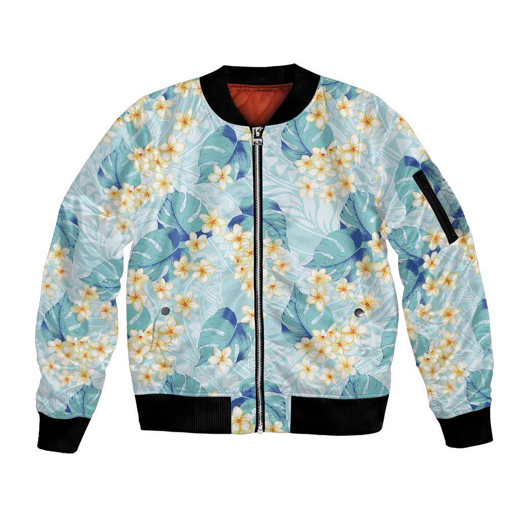 Pastel Cyan Tropical Hawaii Sleeve Zip Bomber Jacket Seamless Monstera Plumeria Hawaiian Pattern LT14 Unisex Pastel Cyan - Polynesian Pride