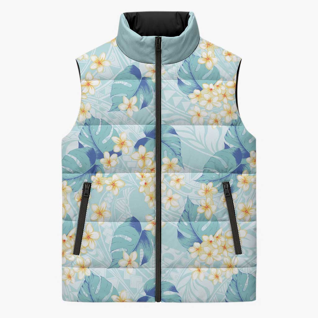 Pastel Cyan Tropical Hawaii Sleeveless Puffer Jacket Seamless Monstera Plumeria Hawaiian Pattern LT14 Unisex Pastel Cyan - Polynesian Pride
