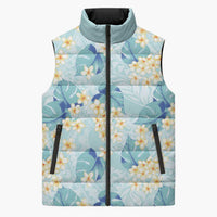 Pastel Cyan Tropical Hawaii Sleeveless Puffer Jacket Seamless Monstera Plumeria Hawaiian Pattern LT14 Unisex Pastel Cyan - Polynesian Pride