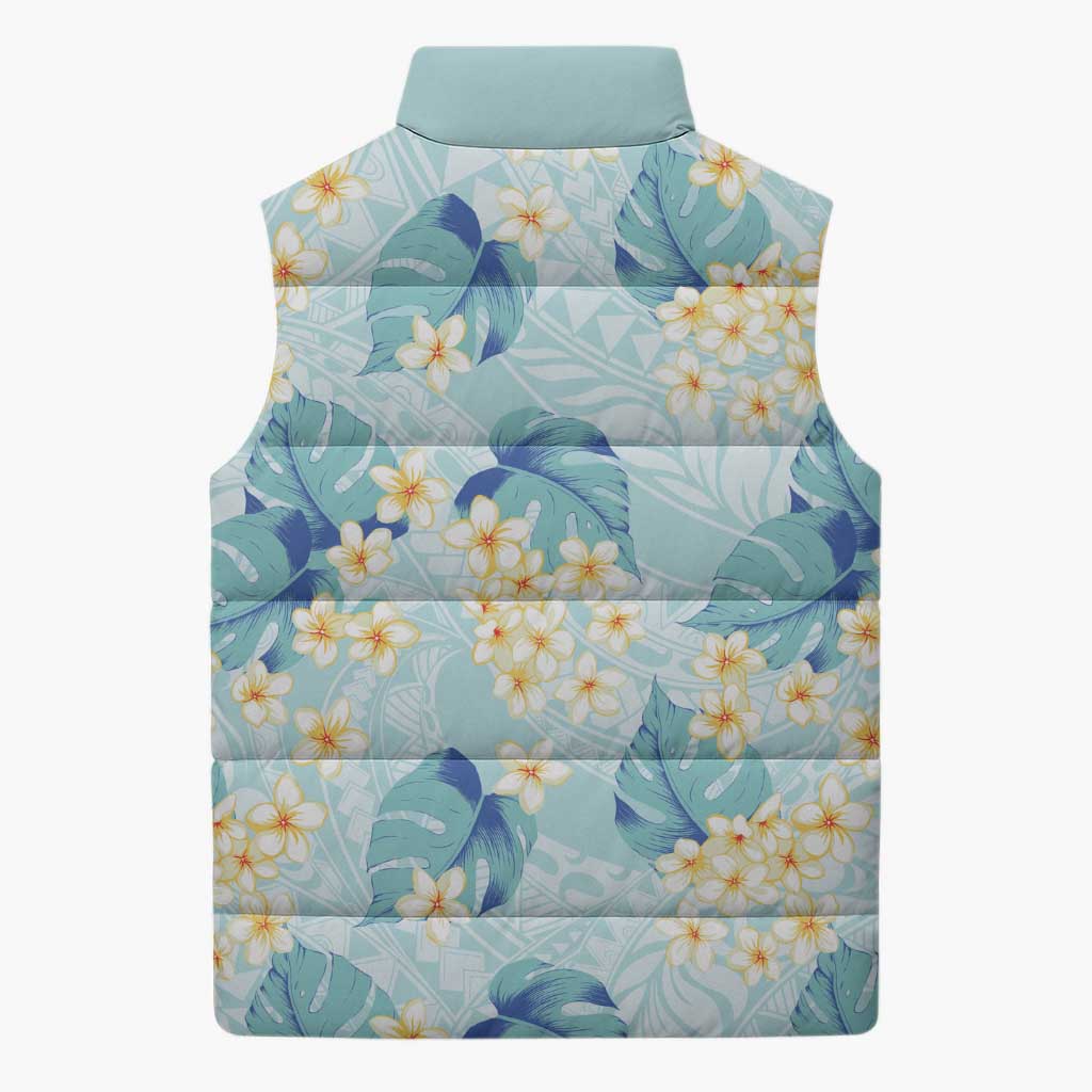 Pastel Cyan Tropical Hawaii Sleeveless Puffer Jacket Seamless Monstera Plumeria Hawaiian Pattern LT14 - Polynesian Pride