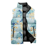 Pastel Cyan Tropical Hawaii Sleeveless Puffer Jacket Seamless Monstera Plumeria Hawaiian Pattern LT14 - Polynesian Pride