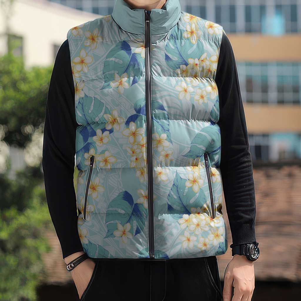 Pastel Cyan Tropical Hawaii Sleeveless Puffer Jacket Seamless Monstera Plumeria Hawaiian Pattern LT14 - Polynesian Pride