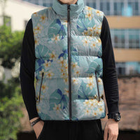 Pastel Cyan Tropical Hawaii Sleeveless Puffer Jacket Seamless Monstera Plumeria Hawaiian Pattern LT14 - Polynesian Pride