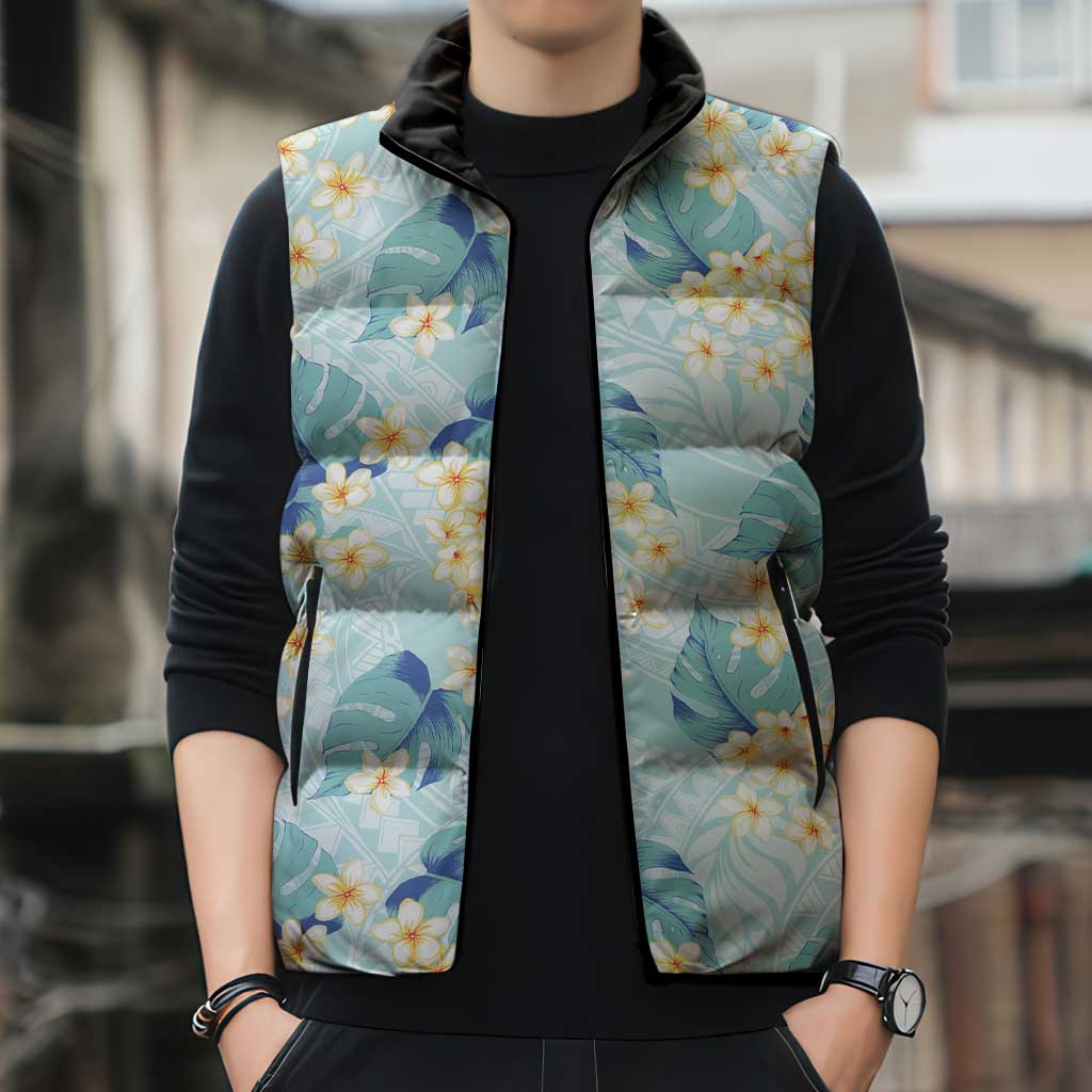 Pastel Cyan Tropical Hawaii Sleeveless Puffer Jacket Seamless Monstera Plumeria Hawaiian Pattern LT14 - Polynesian Pride