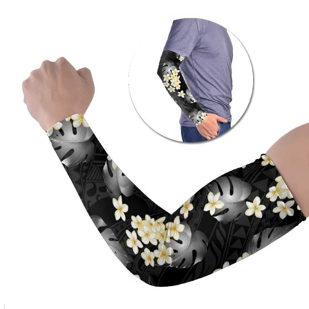 Black Tropical Hawaii Arm Sleeves Seamless Monstera Plumeria Hawaiian Pattern LT14 Set of 2 Black - Polynesian Pride