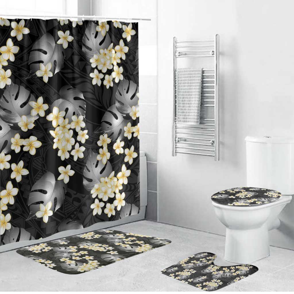 Black Tropical Hawaii Bathroom Set Seamless Monstera Plumeria Hawaiian Pattern LT14 Bathroom Set (4 pcs) Black - Polynesian Pride
