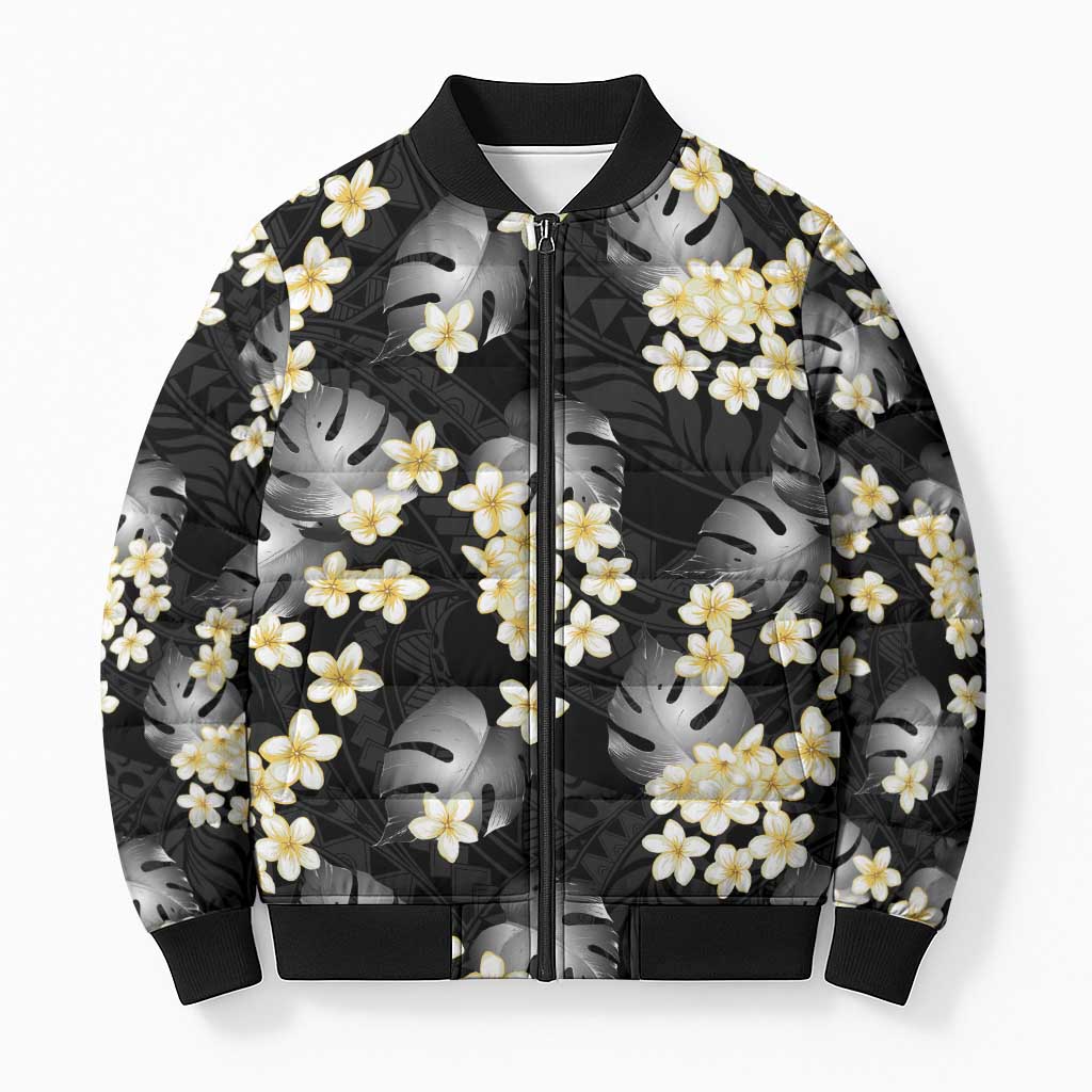 Black Tropical Hawaii Bomber Puffer Jacket Seamless Monstera Plumeria Hawaiian Pattern LT14 Unisex Black - Polynesian Pride