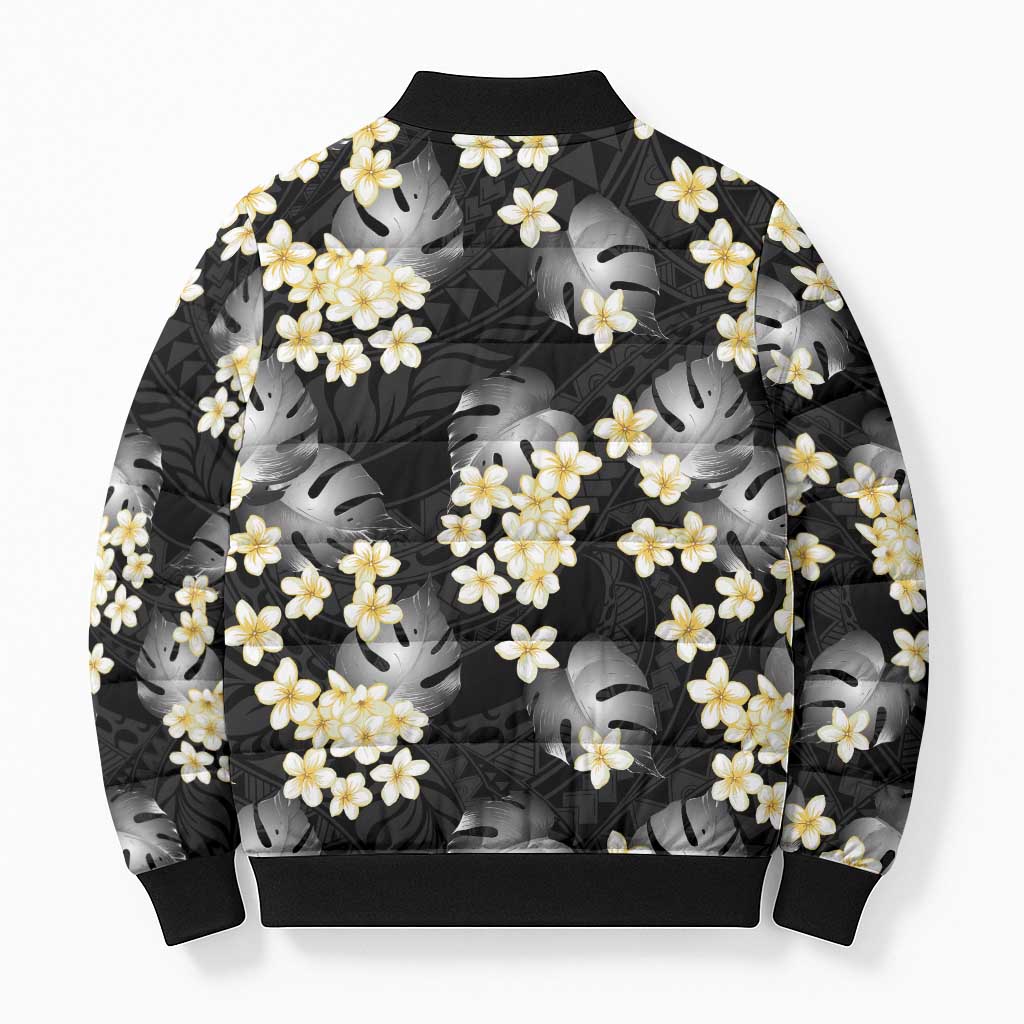 Black Tropical Hawaii Bomber Puffer Jacket Seamless Monstera Plumeria Hawaiian Pattern LT14 - Polynesian Pride