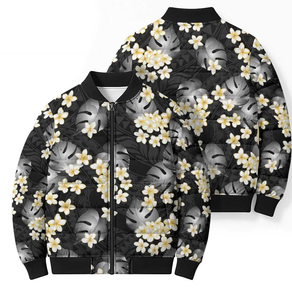 Black Tropical Hawaii Bomber Puffer Jacket Seamless Monstera Plumeria Hawaiian Pattern LT14 - Polynesian Pride