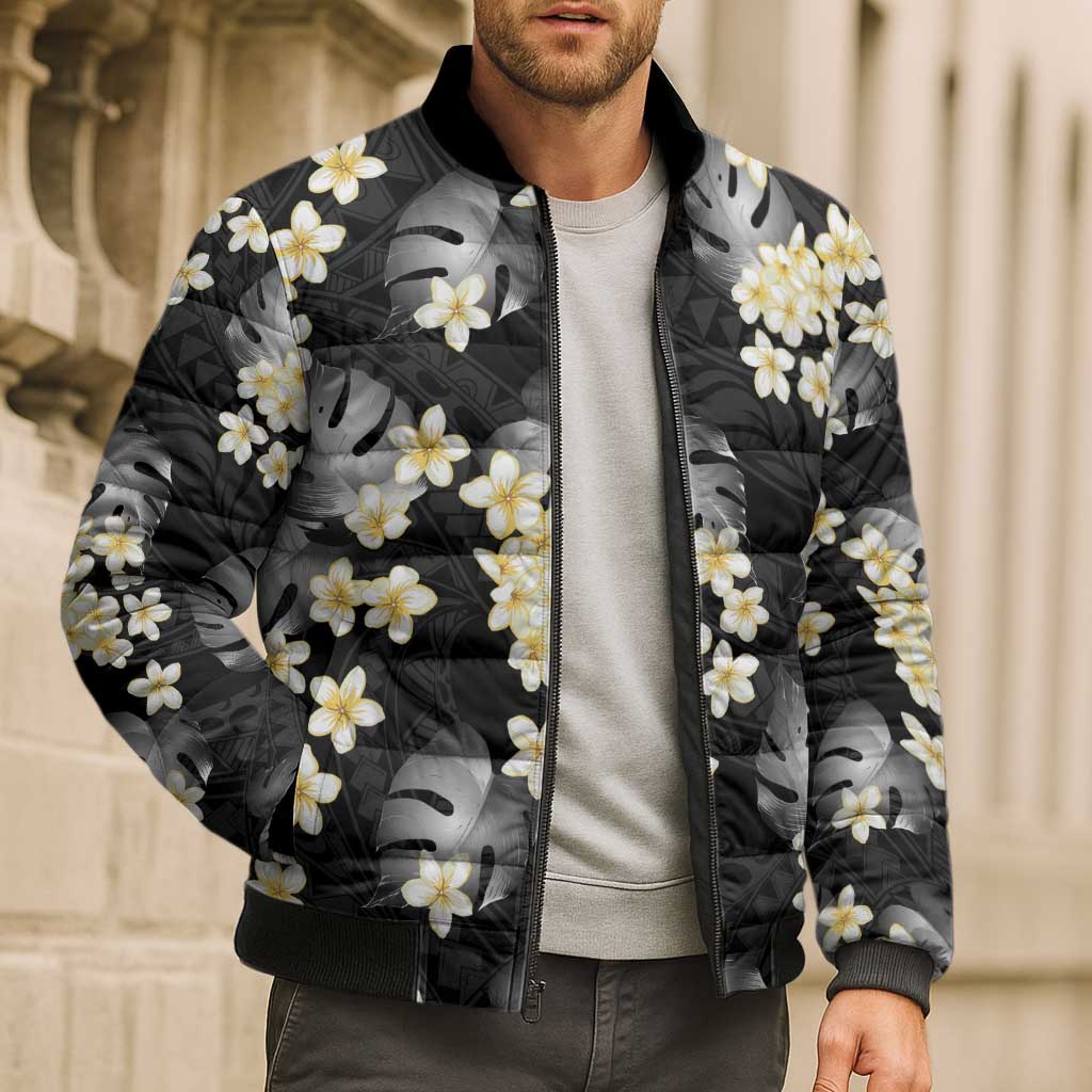 Black Tropical Hawaii Bomber Puffer Jacket Seamless Monstera Plumeria Hawaiian Pattern LT14 - Polynesian Pride