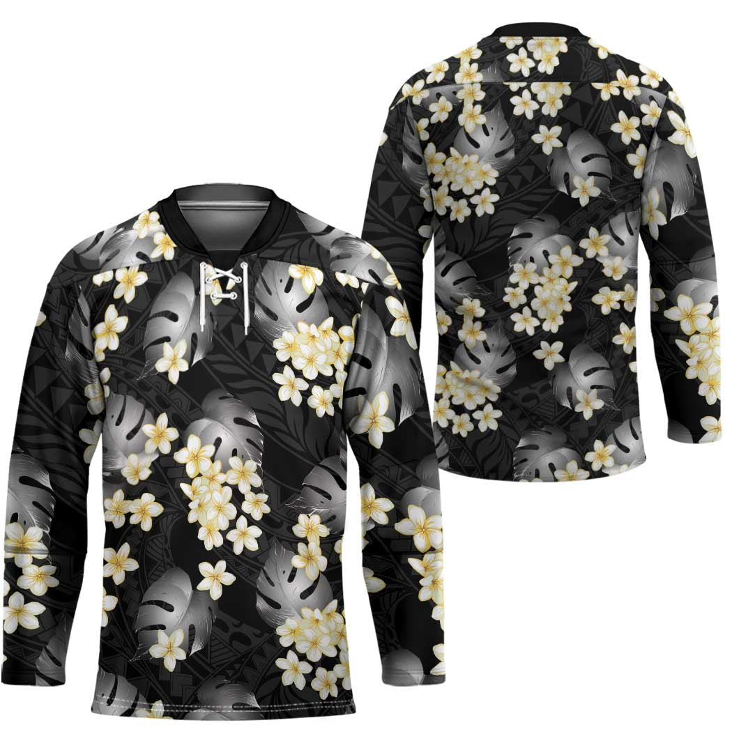 Black Tropical Hawaii Hockey Jersey Seamless Monstera Plumeria Hawaiian Pattern LT14 - Polynesian Pride