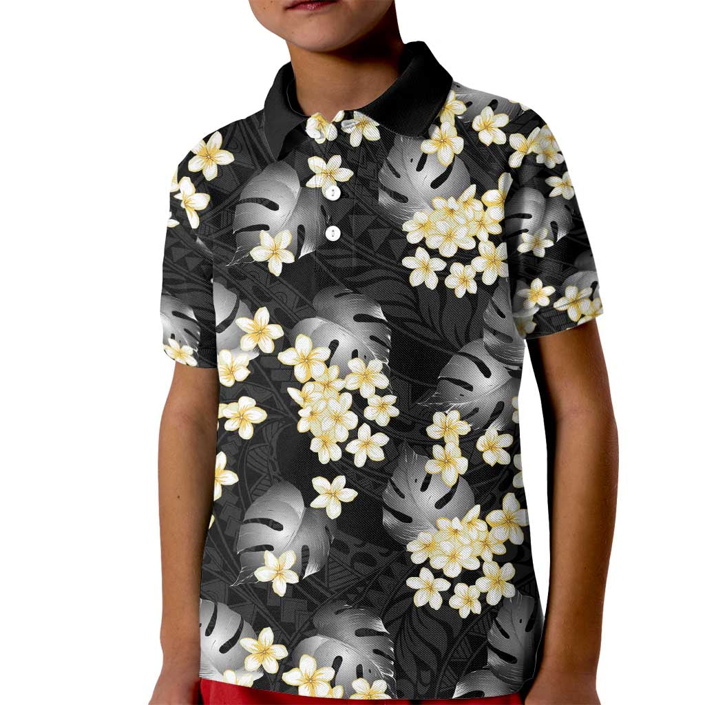 Black Tropical Hawaii Kid Polo Shirt Seamless Monstera Plumeria Hawaiian Pattern LT14 Kid Black - Polynesian Pride