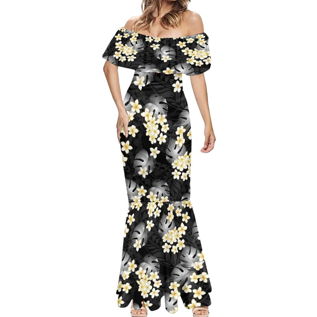 Black Tropical Hawaii Mermaid Dress Seamless Monstera Plumeria Hawaiian Pattern LT14 - Polynesian Pride