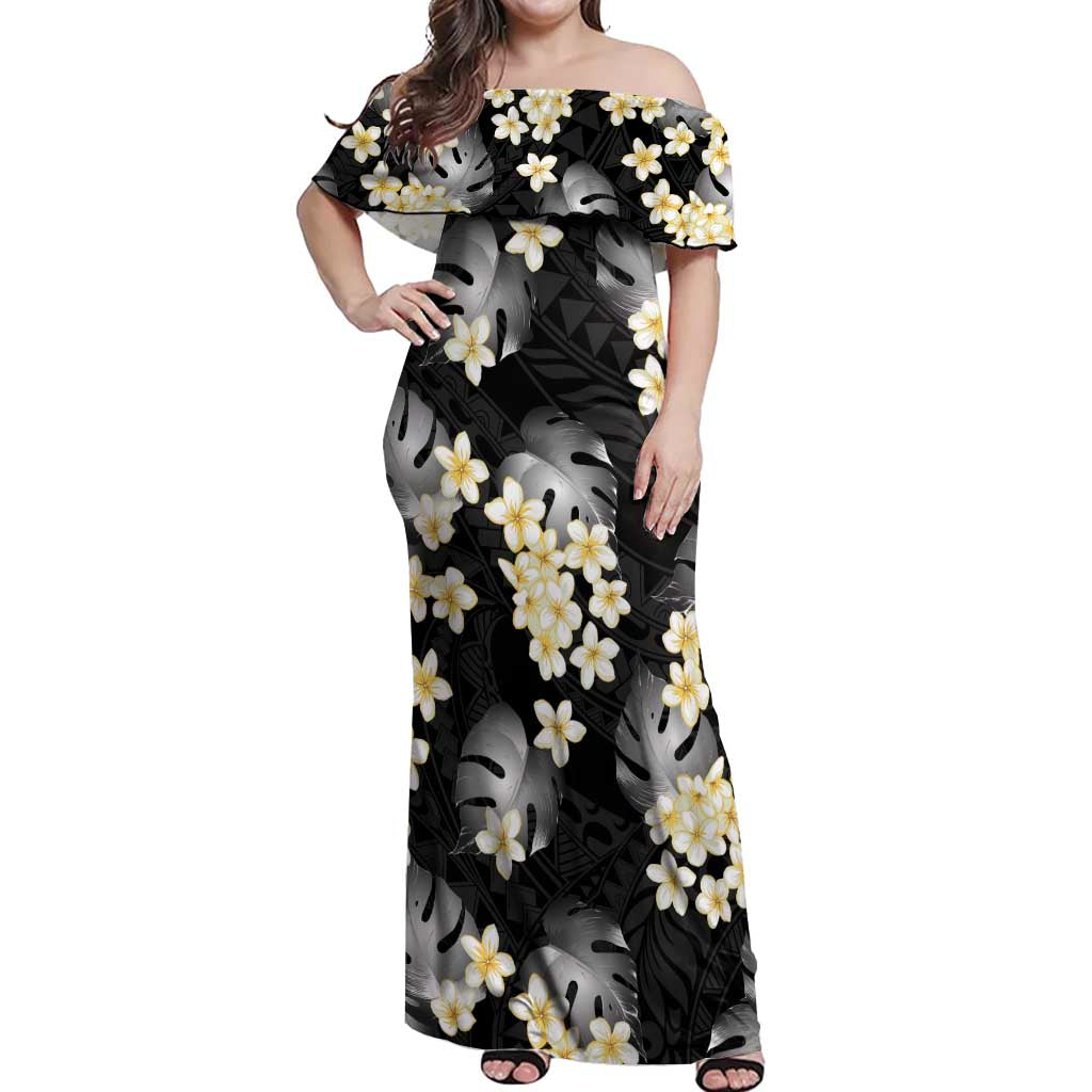 Black Tropical Hawaii Off Shoulder Maxi Dress Seamless Monstera Plumeria Hawaiian Pattern LT14 Women Black - Polynesian Pride