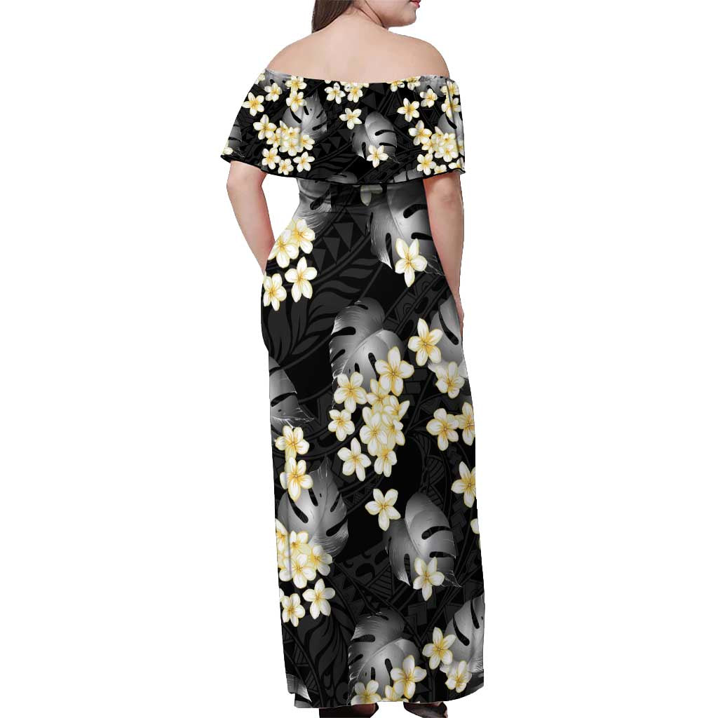 Black Tropical Hawaii Off Shoulder Maxi Dress Seamless Monstera Plumeria Hawaiian Pattern LT14 - Polynesian Pride