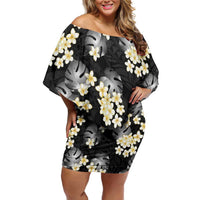 Black Tropical Hawaii Off Shoulder Short Dress Seamless Monstera Plumeria Hawaiian Pattern LT14 Women Black - Polynesian Pride