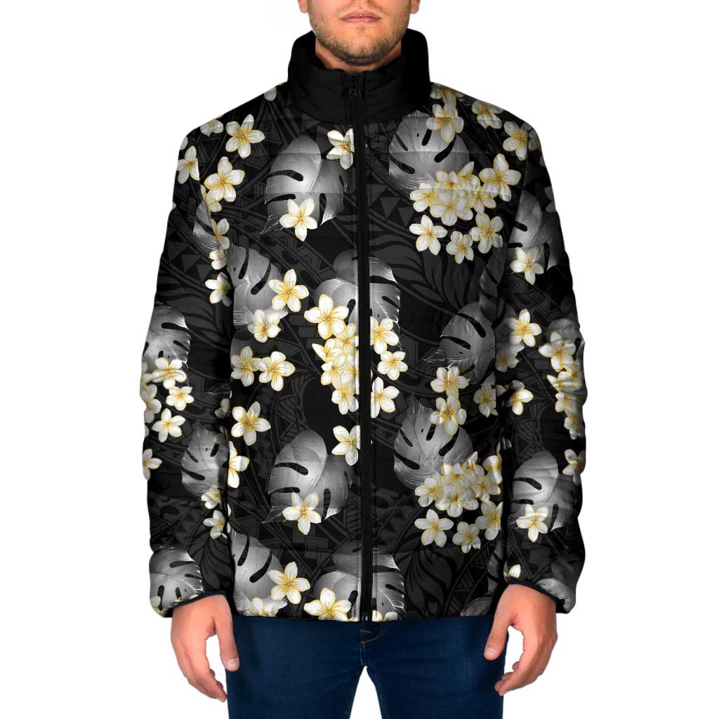 Black Tropical Hawaii Padded Jacket Seamless Monstera Plumeria Hawaiian Pattern LT14 Men Black - Polynesian Pride