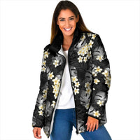 Black Tropical Hawaii Padded Jacket Seamless Monstera Plumeria Hawaiian Pattern LT14 Women Black - Polynesian Pride