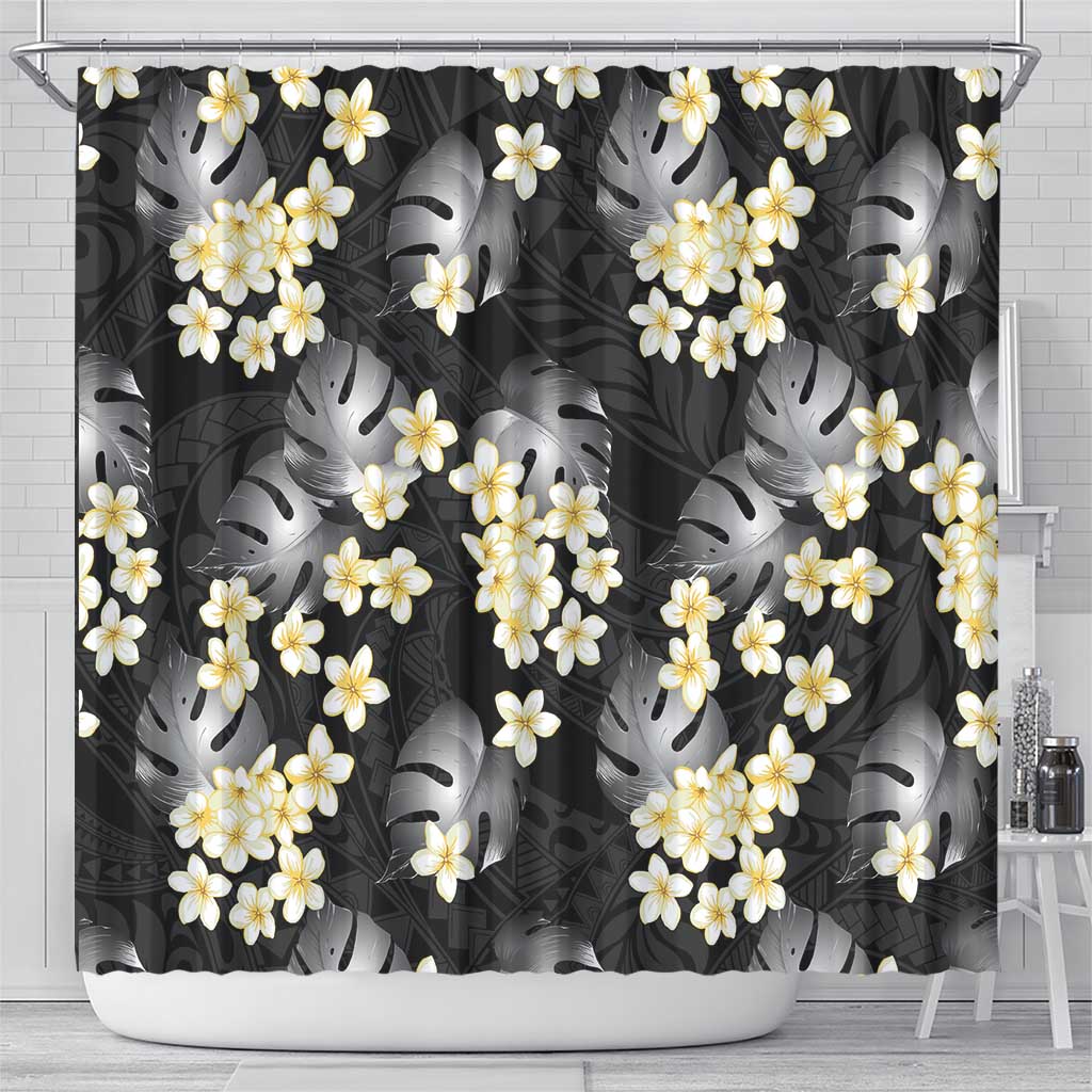 Black Tropical Hawaii Shower Curtain Seamless Monstera Plumeria Hawaiian Pattern LT14 - Polynesian Pride