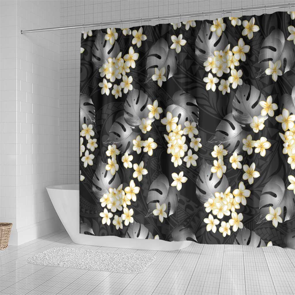 Black Tropical Hawaii Shower Curtain Seamless Monstera Plumeria Hawaiian Pattern LT14 - Polynesian Pride