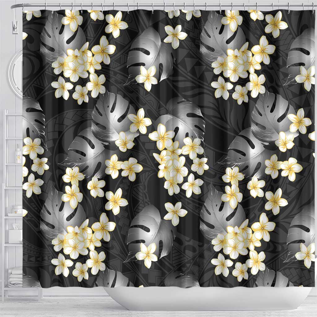 Black Tropical Hawaii Shower Curtain Seamless Monstera Plumeria Hawaiian Pattern LT14 - Polynesian Pride