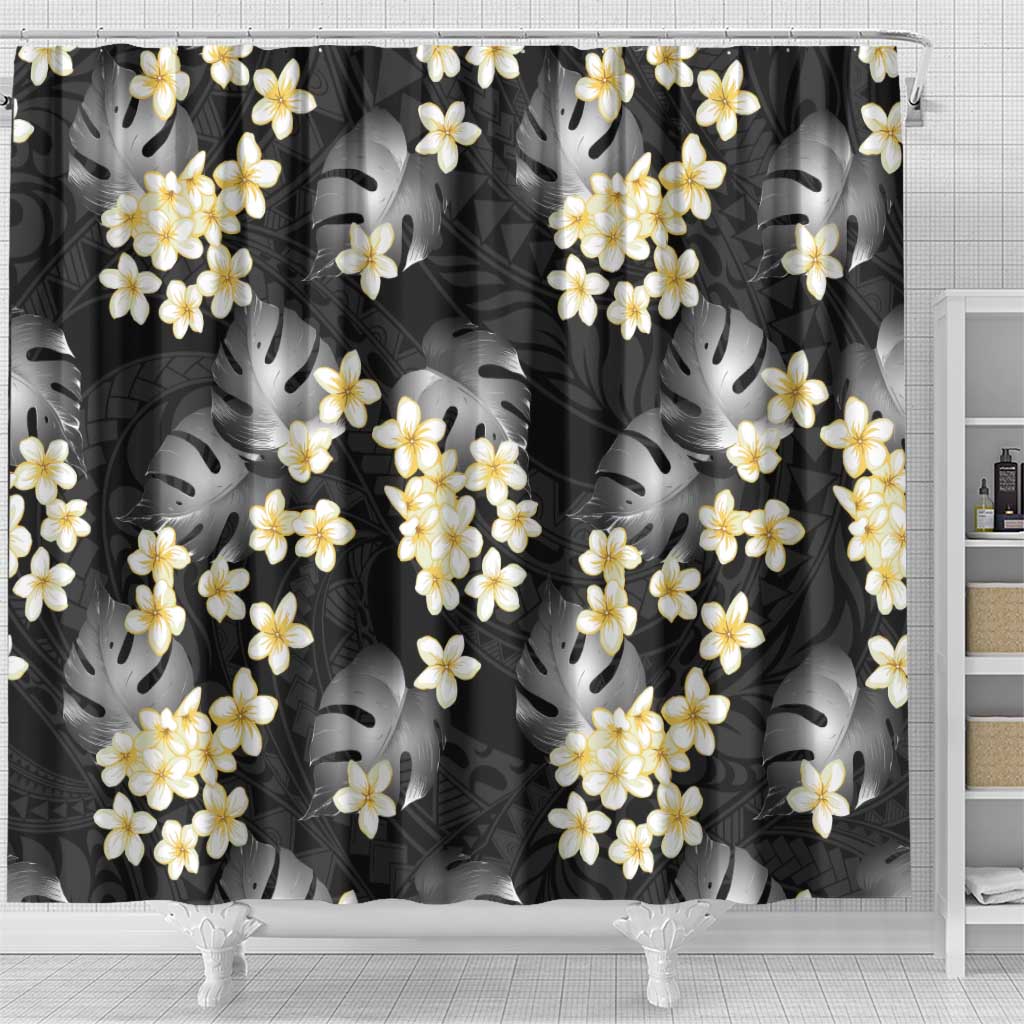 Black Tropical Hawaii Shower Curtain Seamless Monstera Plumeria Hawaiian Pattern LT14 - Polynesian Pride